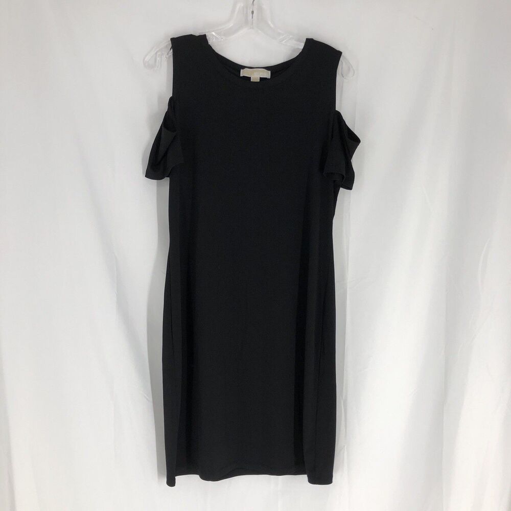 Michael Kors Black Cold Shoulder Shift Dress Large Stretch Short Sleeve Classic